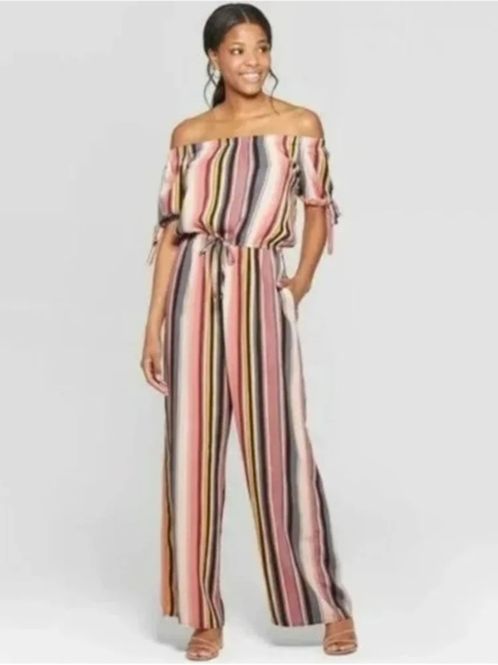 Xhilaration Multicolor Vertical Stripe Off-Shoulder Jumpsuit